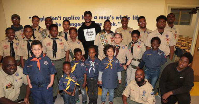 Josh Hart, Los Angeles Lakers guard and Eagle Scout, surprises Scouts at meeting